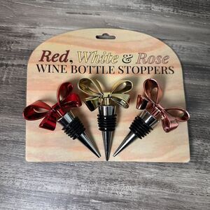 Set of 3 BOW Wine Bottle Stoppers HOLIDAY 3" Rubber Metal NEW
